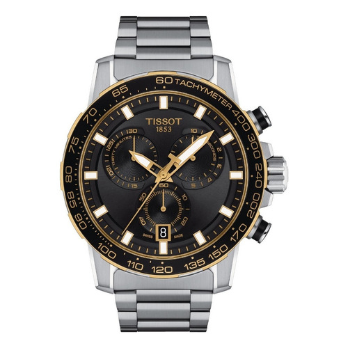 Reloj pulsera Tissot T-Sport Supersport Chrono, analógico, para hombre, fondo negro, con correa de acero inoxidable color gris