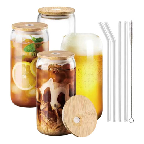 Set 4 Vasos De Vidrio Con Tapa Bambú Para Bebidas Cocteles - Marca Cukin