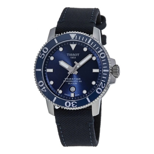 Reloj Tissot T1204071704101 Seastar Powermatic 80, correa de silicona, color azul, color azul, color de fondo azul