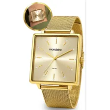 Relogio Mondaine Feminino Quadrado Dourado Ponteiro Creme