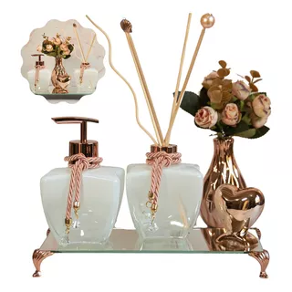 Kit Lavabo Rose Gold Luxuoso Difusor Saboneteir Bandeja Vaso