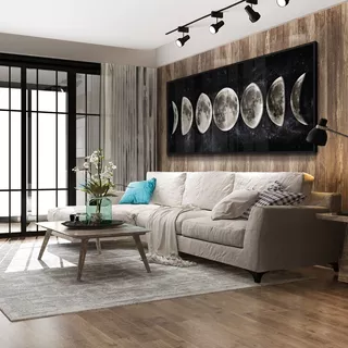 Quadro Decorativo Fases Da Lua Para Sala Em Canvas Qualidade Cor Lua Amarela - Moldura Preta