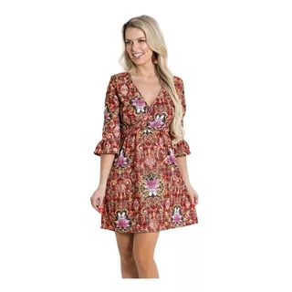 Vestido Curto Feminino Evasê Mangas 7/8 Decote Transpassado