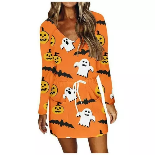 Vestido Largo Estampado De Halloween Para Mujer Otoño E Inv 