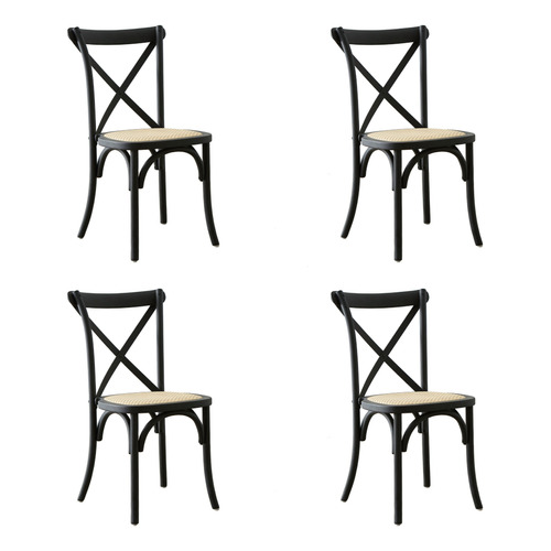 Silla De Comedor Cocina Cross De Madera De Roble Asiento Tejido Esterilla De Rattan Natural Color De La Estructura Negro X4 Unidades