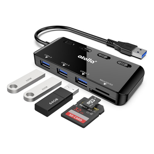 atolla Hub 5 En 1 USB 3.0, 3 Puertos USB 3.0 de 5 Gbps + Lector de Tarjetas SD/ Micro SD/ TF con Interruptor Independiente & Indicador LED