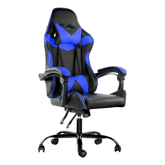 Silla de escritorio Lumax Rom gamer ergonómica  negra y azul con tapizado de piel sintética