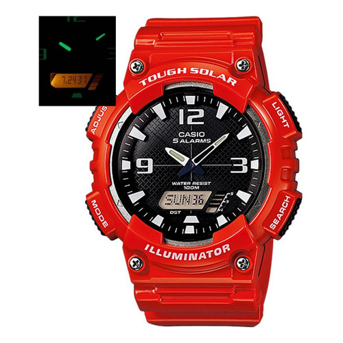Reloj pulsera Casio AQ-S810 con correa de resina color rojo - fondo negro - bisel rojo/plateado