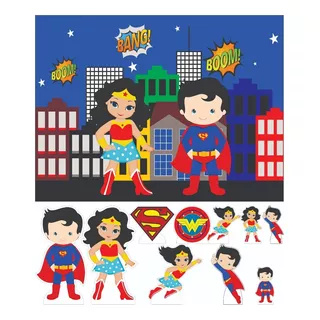 Kit Display + Painel 1,5x1m Superman E Mulher Maravilha Cute