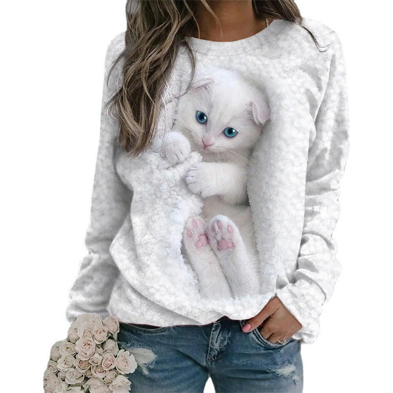 Blusa Lindo Gato Impreso Sudadera Cuello Redondo Pullover