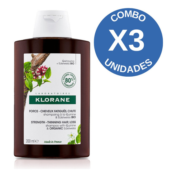 Pack X3 Klorane Quinina Shampoo Anticaída Fortificante 200ml