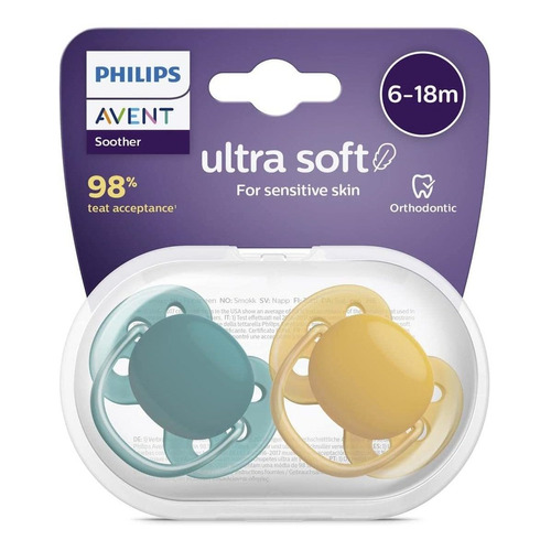 Avent Ultra Soft 2 Chupones 6-18 Meses Color Verde Verde y Mostaza