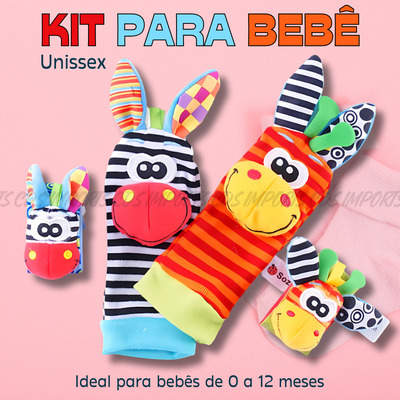 Kit Meias E Pulseiras Chocalho Bebê Colorido Animais 4 Peças