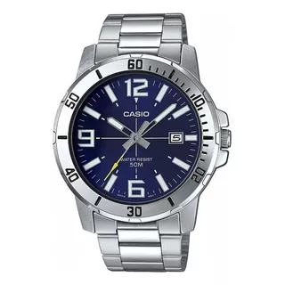 Reloj De Pulsera Casio Dress Mtp-vd01d-1bvudf De Cuerpo Color Plateado, Analógico, Para Hombre, Fondo Azul Oscuro, Con Correa De Acero Inoxidable Color Plateado, Agujas Color Gris, Blanco Y Amarillo, 