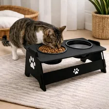 Comedouro Elevado Duplo Pets Pequenos Gatos Cães -madeira Mdf Cor Preto - Grupo Paraiso Mdf