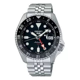 Reloj Seiko 5 Sports Automático Gmt Ssk001 K1 Color De La Malla Plateado Color Del Bisel Negro Y Gris Color Del Fondo Negro