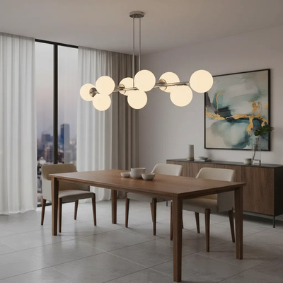 Lampara Barra 9 Luces Globo 15cm Opal Acero E27 Apto Led 869/9