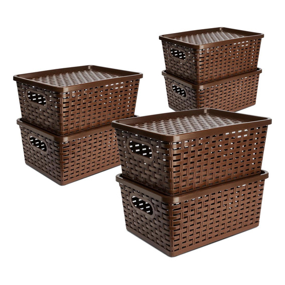 Set X6 Cajas Organizadoras Con Tapa Canasta Mimbre Plástico 