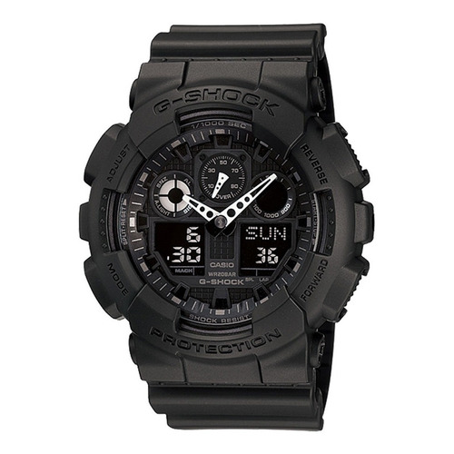 Reloj de pulsera Casio G-Shock GA100 de cuerpo color negro, analógico-digital, para hombre, fondo negro, con correa de resina color negro, agujas color blanco, dial negro y gris, subesferas color negro y gris, minutero/segundero gris, bisel color negro y hebilla doble