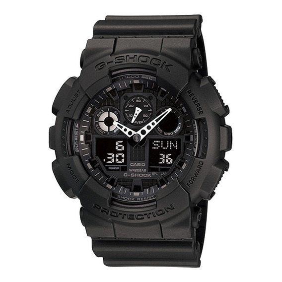 Reloj de pulsera Casio G-Shock GA100 de cuerpo color negro, analógico-digital, para hombre, fondo negro, con correa de resina color negro, agujas color blanco, dial negro y gris, subesferas color negr