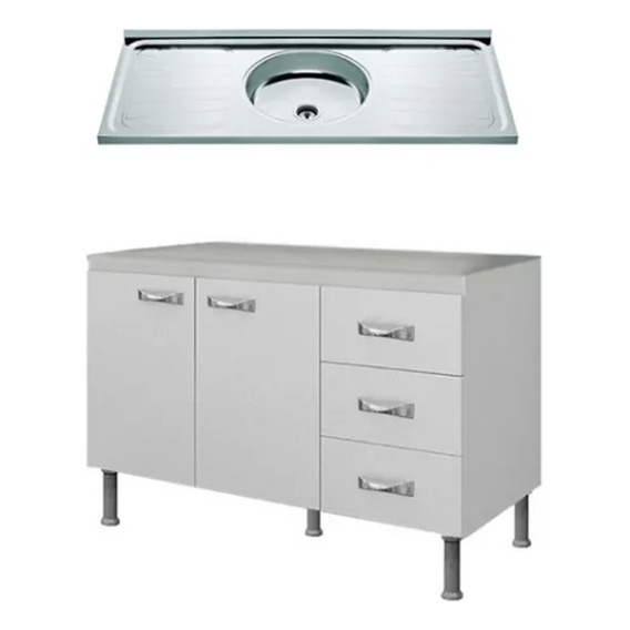 Mueble Cocina Bajo Mesada Bw1 + Pileta De 1.20 Acero Inox Color Blanco