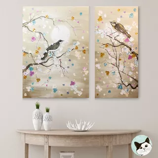 Cuadros Pintados A Mano Pájaros Aves Cerezo Flores Japón