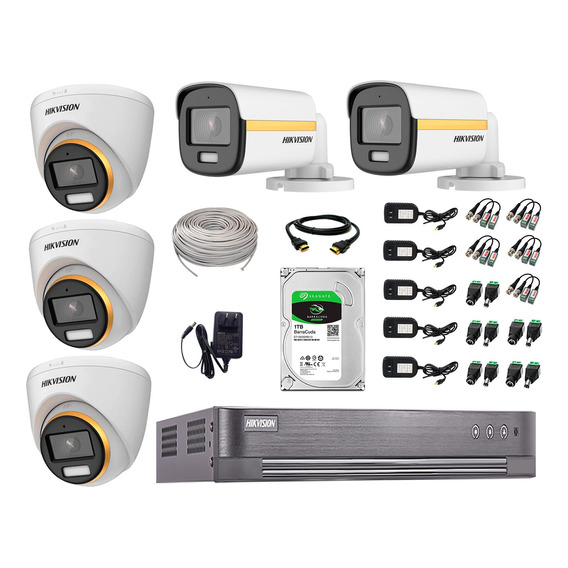 Cámaras Seguridad Kit 5 Hikvision 1080p Colorvu Noche Color