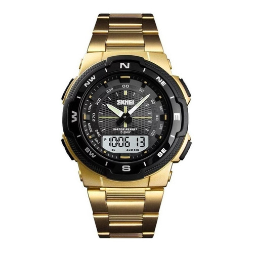 Reloj pulsera Skmei 1370 con correa de acero inoxidable color dorado - fondo negro/gris - bisel negro