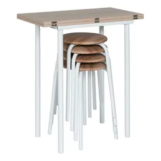 Mesa Dobravel Portatil + 4 Banquetas P/ Cozinha Jantar Jogos Cor Branco Desenho Do Tecido Das Cadeiras Marrom