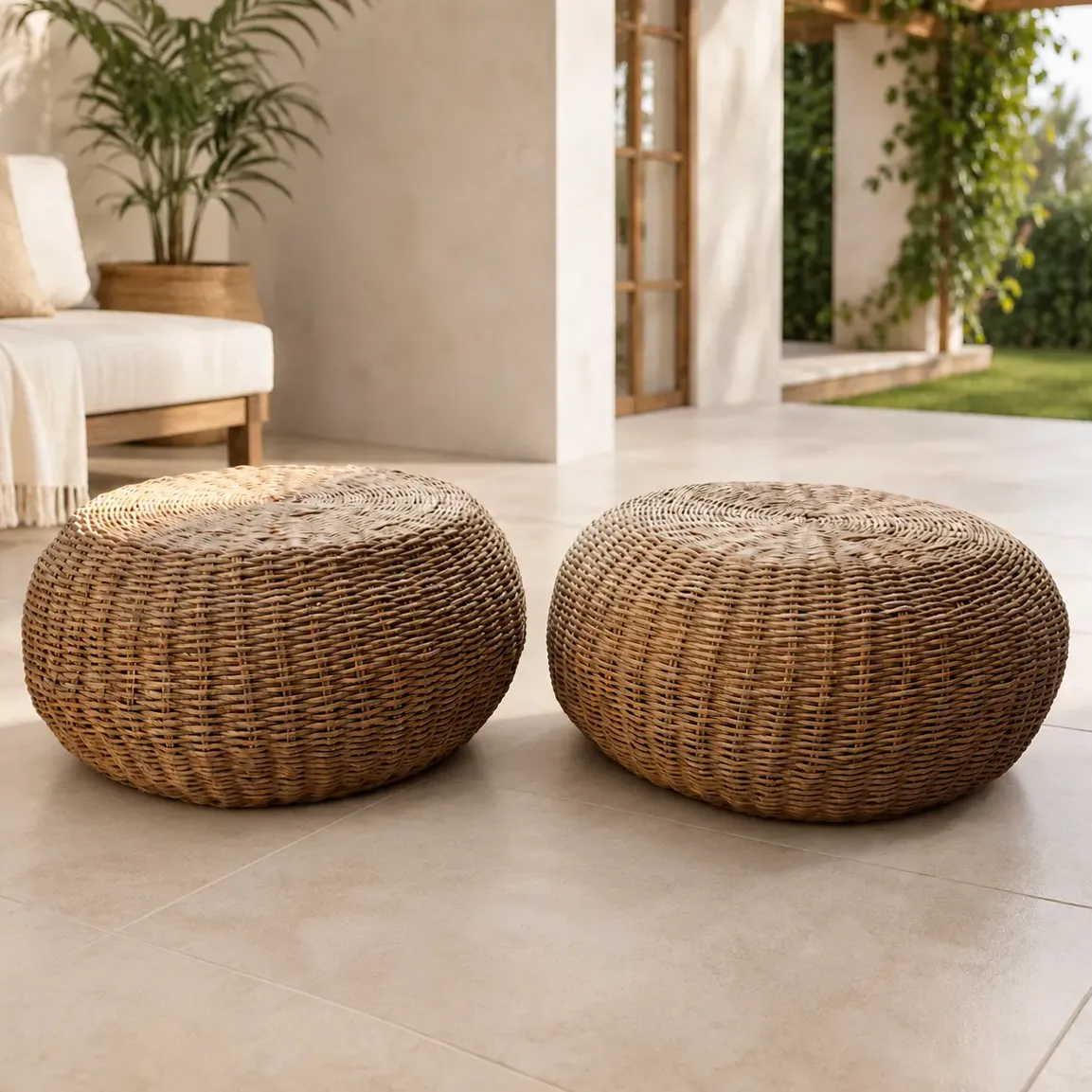 Set X 2 Puff Fibras Naturales Tejido Trenzado 50 Cm Marrón Claro