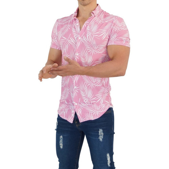 Camisa Manga Corta John Leopard Rosa Estampado Slim Fit