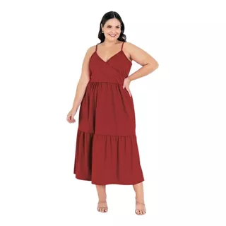 Vestido Feminino Plus Size Midi Com Alças Babado Na Barra