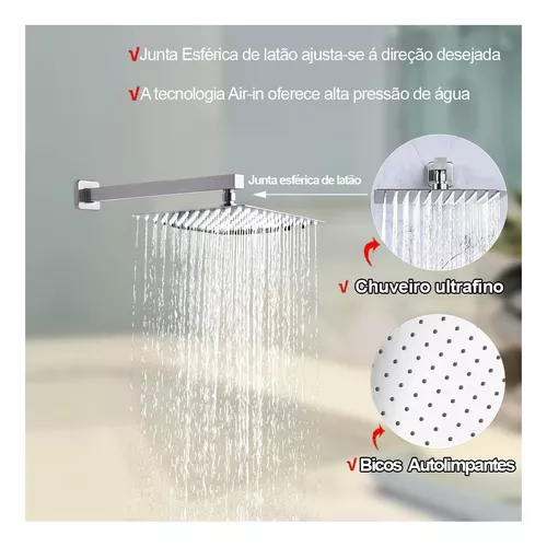 Ducha Chuveiro 20x20 Slim Inox Com Braço 36 Cm