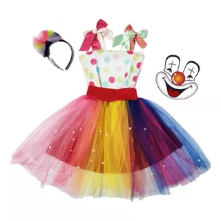 Vestido Infantil Fantasia Menina Halloween Palhaço Tiara