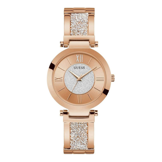 Reloj Guess Aurora W1288l3, color de la correa, oro rosa, color del bisel, oro rosa, color de fondo, oro rosa y plata