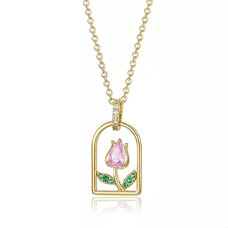 Collar Tulipán Rosa Mujer Dije Oro Laminado Cristales Cadena