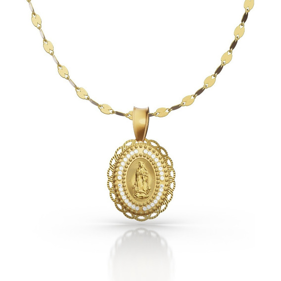 Medalla Virgen De Guadalupe Cadena 50cm De Oro 10k Italiano Color Dorado