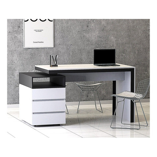 Escritorio Ciudad Muebles Mesa de escritorio y archivero bajo doble cara melamina de 142cm x 78cm x 70cm blanco y negro