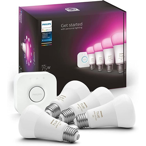 Pack X4 Focos Philips Hue Get Started E26 + Hue Bridge Color de la luz Blanco cálido, blanco frío y multicolor