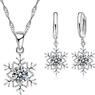 Conjunto Plata 925 Copo De Nieve Aros Collar Mujer Regalo