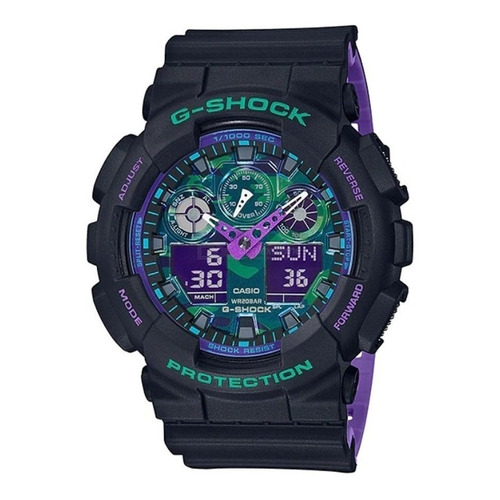 Reloj Casio G-shock Ga-100bl-1adr Hombre Correa Negro/Violeta Bisel Negro Fondo Camuflado verde
