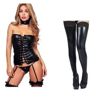 Corset Cuerina Sintetico Mujer Medias Liguero Baby Doll 