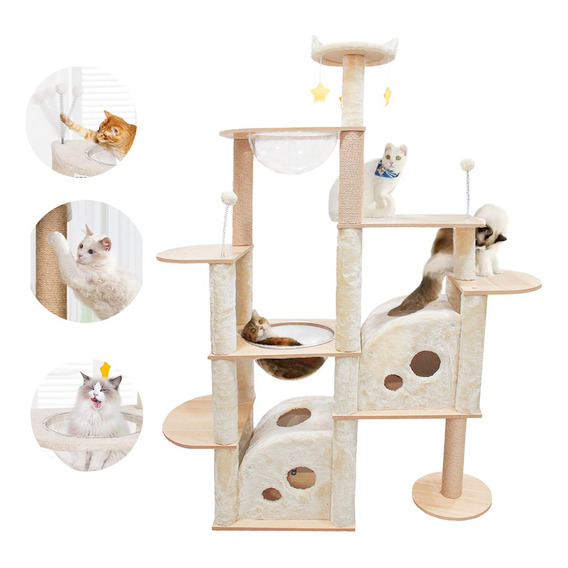 Pet King - Mueble Para Gatos Rascador Juguete Arbol Casa Esferas 172 Cm Color Beige Madera