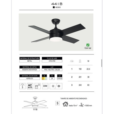 Ventilador De Techo Negro 441b Led 24w Control Remoto Laft