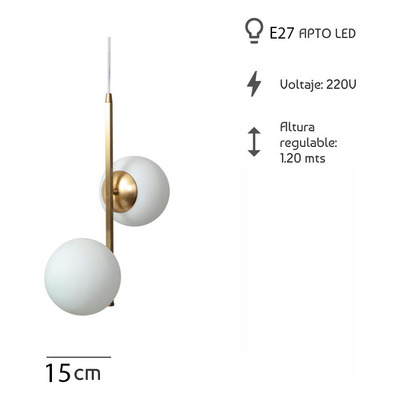 Colgante 2 Luces Vertical Elyn E27 Dorado Globo Opal 15cm 