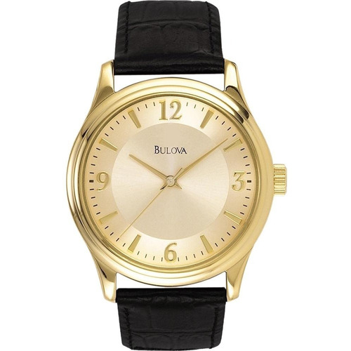 Reloj de pulsera Bulova 97A70 de cuerpo color dorado, analogo, para hombre, fondo dorado, con correa de piel color negro, agujas color dorado, dial dorado, bisel color dorado y hebilla simple