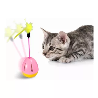 Juguete Para Gato Vaso Con Plumas Y Cascabel Gatito Gatos Color Rosa Con Amarillo