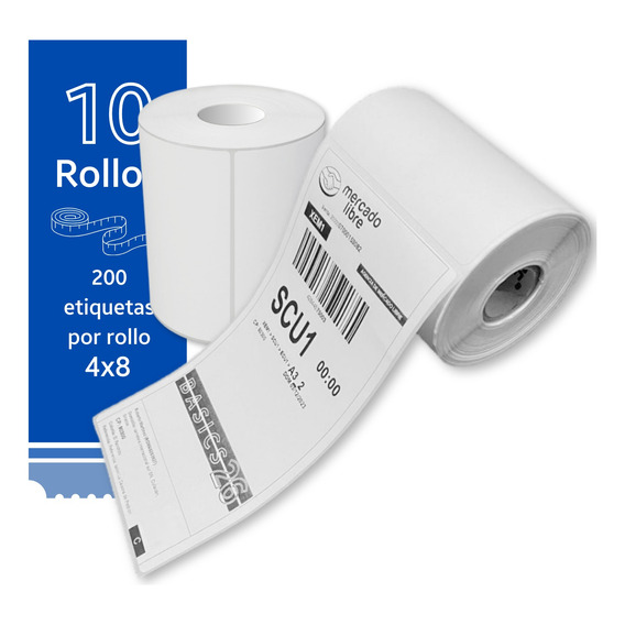 10 Rollos De Etiqueta Térmica Mercado Envíos 4x8 Pul 200 C/u