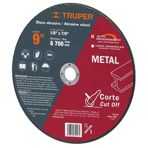 Disco Corte Metal, Tipo 41, Diámetro 9' Truper 10662 Color Rojo
