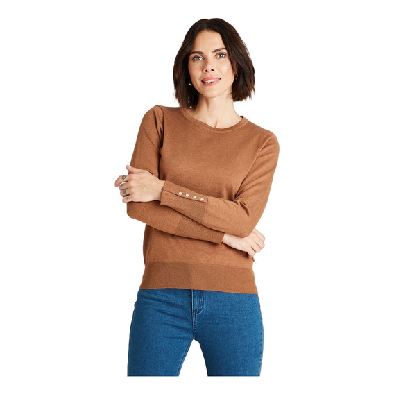 Sweater Cuello Redondo Con Detalle En Manga Camel